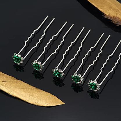 QIUTIMIY 20 Pack (Green) Crystal Hair Pins Rose Flower Rhinestone Hair Clips for Bridal Wedding Women Hair Jewelry Accessories, with Clear Container - color: Rose Flower-Green