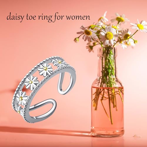 Celtic Knot/Mushroom/Ladybug Toe Rings Sterling Silver Irish Celtic Adjustable Toe Band Ring Pinky Rings Foot Jewelry for Women - style: Daisy