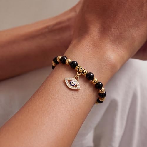 Fesciory Evil Eye Bracelet for Women, Gold Plated Adjustable Chain Jewelry | Blue Evil Eye Charm Bracelet, Lucky Amulet Symbolism, Dainty Adjustable Chain, Daily wear, Jewelry gifts - color: Black-1
