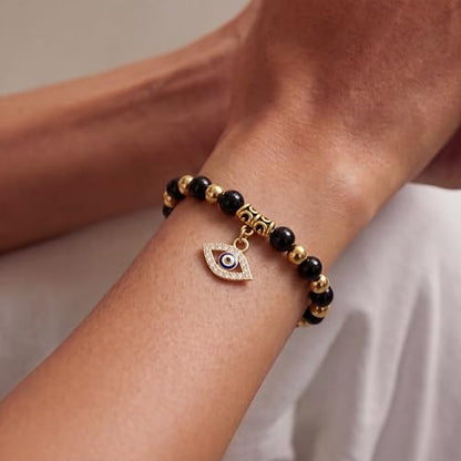 Fesciory Evil Eye Bracelet for Women, Gold Plated Adjustable Chain Jewelry | Blue Evil Eye Charm Bracelet, Lucky Amulet Symbolism, Dainty Adjustable Chain, Daily wear, Jewelry gifts - color: Black-1