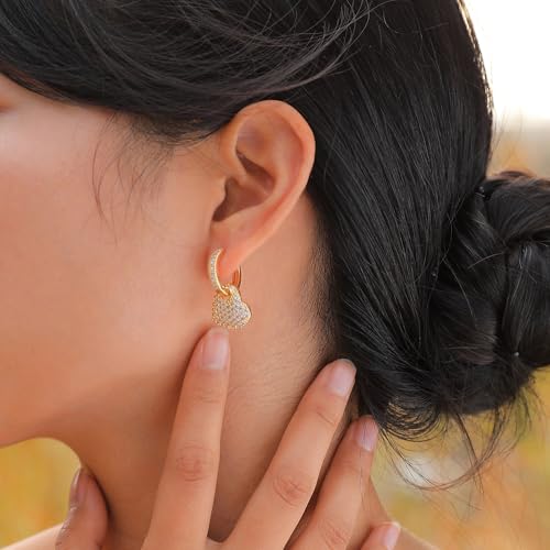 Crystal Heart Dangle Hoop Huggie Earrings for Women Dainty 14k Gold-Tone Plated Cubic Zirconia Small Hoops Earring Charm Drop Jewelry Gift for Ladies Love Statement Valentine's Day Gifts for Girlfriend