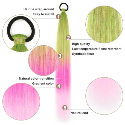 Ponytail Extension with Hair Tie Straight Sleek Wrap Around Braid Ponytail | 2 Pack Braid Ponytail Extension, Green Pink Gradient 26 Inch Braid Extensions for Women (Green/Rose Pink/Light Pink#) - color: Green Pink#, size: 26 Inch（Pack of 2）