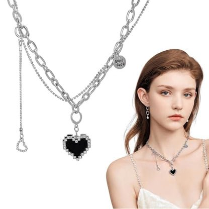Double Layer Necklace for Women Trendy Layered Jewelry Adjustable Chain Necklace for Daily Wear and Special Occasions - color: Silver Heart
