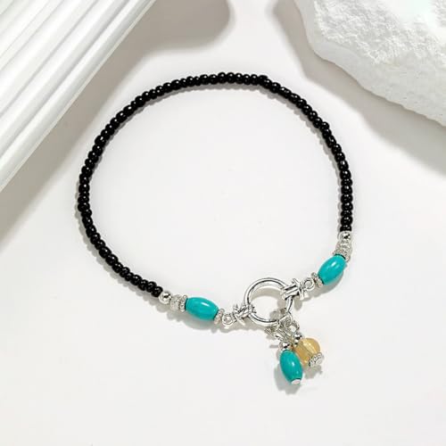 Turquoise Beaded Anklet for Women - Boho Summer Beach Foot Jewelry, Elegant Seed Bead Chain with Metal Ring & Tassels - color: Black