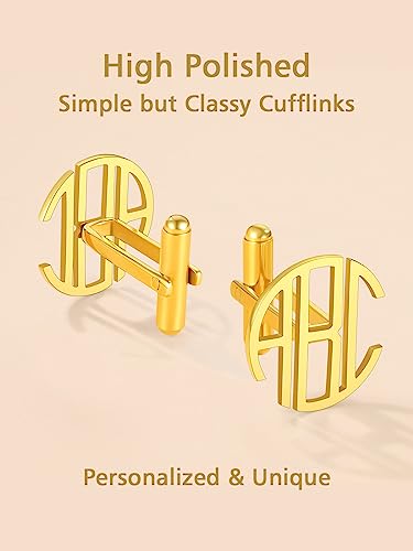 FindChic Stainless Steel Round Cufflinks with Custom Text/Picture/Monogram Letters 18K Gold Plated/Black Color for Men Groom Suits Shirts, with Gift Box - style: 03. custom 3 letters (gold plated)