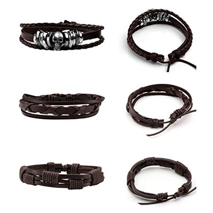 MILAKOO 6Pcs Punk Leather Bracelets for Women Men Braided PU Wristband Skull Skeleton Accessories - color: C: Brown