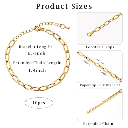 KYUNHOO 10pcs 6.7 Inches Gold Plated Paperclip Chain for Bracelet Making | Stainless Steel Jewelry Supplies for Bracelet DIY with Lobster Clasps and Chain Extension - color: round paperclip gold
