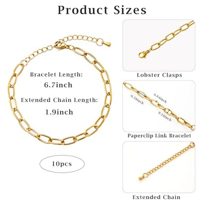 KYUNHOO 10pcs 6.7 Inches Gold Plated Paperclip Chain for Bracelet Making | Stainless Steel Jewelry Supplies for Bracelet DIY with Lobster Clasps and Chain Extension - color: round paperclip gold