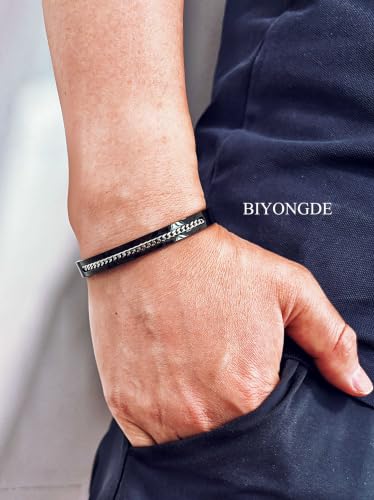 Stainless Steel Cuff Bracelet with Inlaid Chain,Sleek Open Bangle - color: Black Cuff with Single Silver Chain
