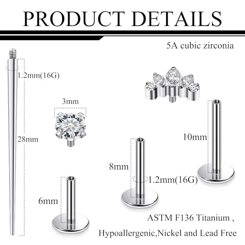 Titanium Flat Back Lip Rings Internally Threaded Earrings Studs Nose Rings 16G Opal CZ Tragus Cartilage Lobe Rook Helix Conch Labret Medusa Piercing Jewelry for Women Men W Piercing Taper Set - style: Five CZ