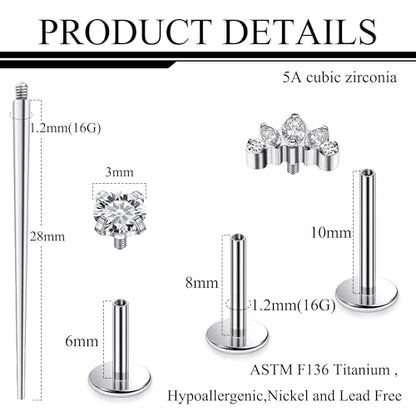 Titanium Flat Back Lip Rings Internally Threaded Earrings Studs Nose Rings 16G Opal CZ Tragus Cartilage Lobe Rook Helix Conch Labret Medusa Piercing Jewelry for Women Men W Piercing Taper Set - style: Five CZ