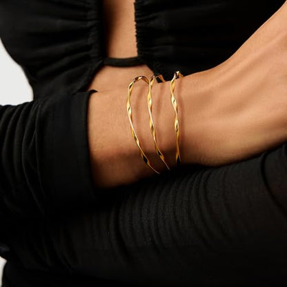 Awinesn 18K Gold Plated Bangles for Women Stainless Steel Glossy Stackable Thin Round Bracelets Solid Plain Polished Bangles Bracelets Set of 3 Jewelry for Women - size: 8.5 inches, style: contort-3-G