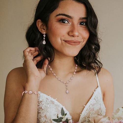 Teardrop Marquise Cubic Zirconia Wedding Prom Jewelry Set for Women Bridal | Silver/Gold/Rose Gold Plated, Pear Cut Pendant Necklace Drop Earrings Link Bracelet, for Bride Bridesmaid, for Banquet Party - style: A_Three Set, Rose Gold-Tone