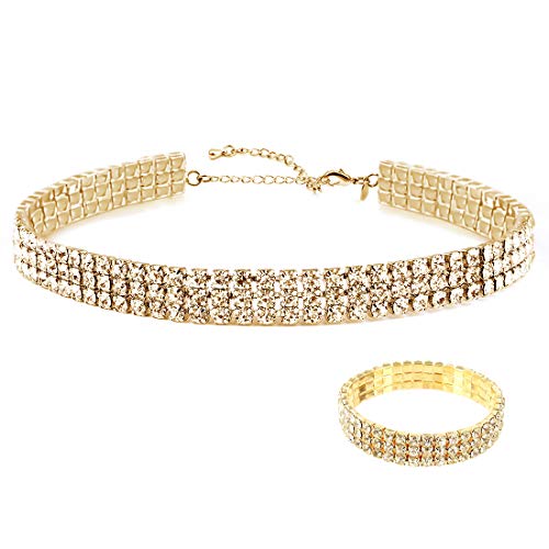 Zealmer 18K Yellow Gold Plated 1-5 Rows Rhinestone Choker Necklace & Stretch Bracelets Set Wedding Jewelry - style: 3 Row