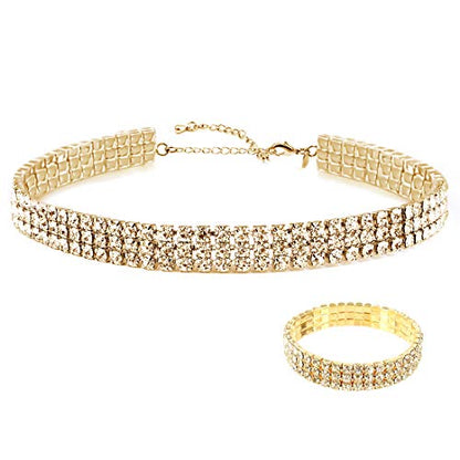 Zealmer 18K Yellow Gold Plated 1-5 Rows Rhinestone Choker Necklace & Stretch Bracelets Set Wedding Jewelry - style: 3 Row