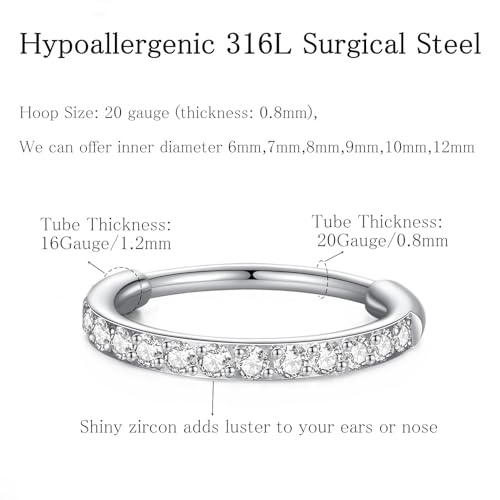 ORANGELOVE 20G 18G 16G Clear CZ Nose Ring Hoop 316L Surgical Steel Seamless Silver Septum Ring Clicker Jewelry Cartilage Earring Ear Piercing Hoop Earrings for Women Men Helix Rook Lobe Conch Tragus Daith Lip Hinged Piercing Jewelry with Cubic Zirconia -