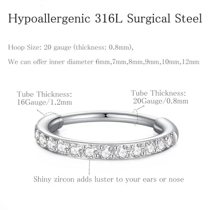ORANGELOVE 20G 18G 16G Clear CZ Nose Ring Hoop 316L Surgical Steel Seamless Silver Septum Ring Clicker Jewelry Cartilage Earring Ear Piercing Hoop Earrings for Women Men Helix Rook Lobe Conch Tragus Daith Lip Hinged Piercing Jewelry with Cubic Zirconia -