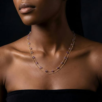 Harlermoon Natural Stone Layered Necklace for Women - 18K Gold Plated Stainless Steel Dainty Beaded Choker, Waterproof Tarnish Resistant Boho Summer Beach Jewelry Gift Box - color: Purple