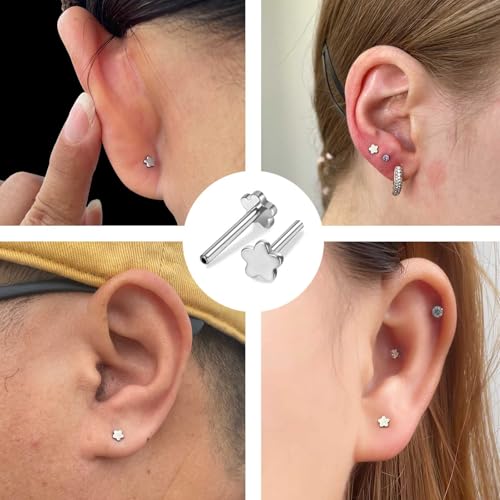 Threadless Bar G23 Titanium 20G 16G 18G Replacement Post Bar Flat Back Stud Earrings for Helix Cartilage Lobe Medusa Labret Nose Tragus Conch Piercing Jewelry - size: 20g 12mm, style: Flower,2Pcs Threadless Bars