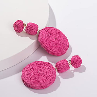 Statement Raffia Boho Round Dangle Ball Earrings - Cute Handmade Summer Bohemian Dangling Jewelry for Women - color: Rose
