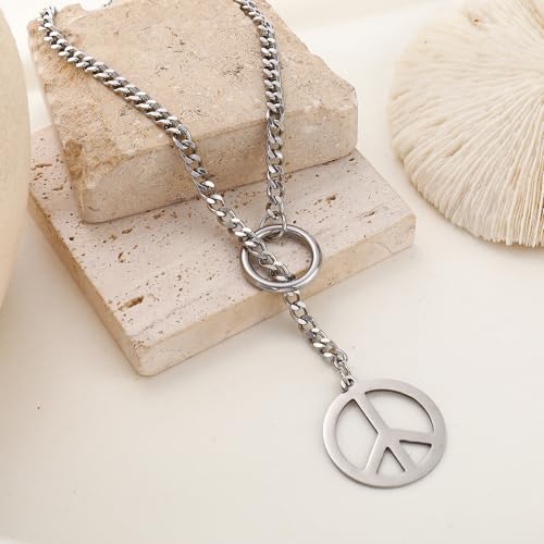 Slip Chain Choker for Women Handmade Black Stainless Steel Cuban Chain Chunky Moon Bat Raven Skull Pendant Gothic Punk Rock Collar Adjustable Lariat Y Necklace for Men - style: peace sign hippie
