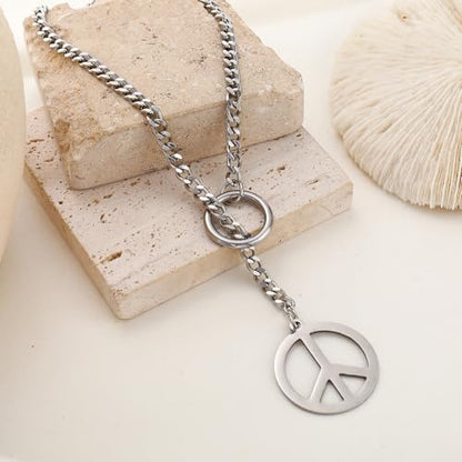 Slip Chain Choker for Women Handmade Black Stainless Steel Cuban Chain Chunky Moon Bat Raven Skull Pendant Gothic Punk Rock Collar Adjustable Lariat Y Necklace for Men - style: peace sign hippie
