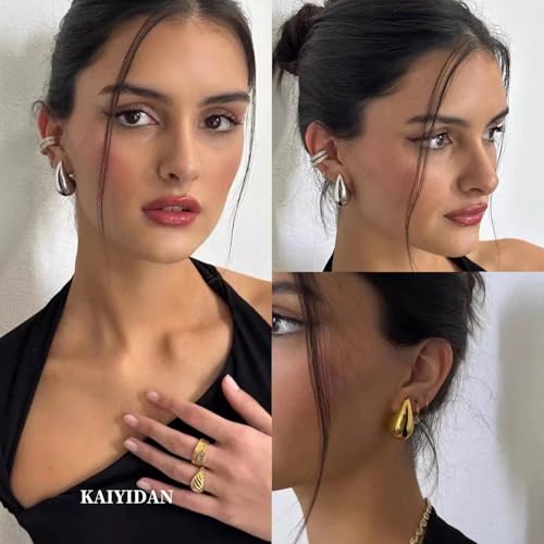 2 Pairs Gold/Silver Hoop Earrings For Women Set Trendy,14K Plated Gold Chunky Huggie Hoop Earings Pack,Oval Twisted Statement Silver Hoops,Fashion Jewelry Gift - color: 9) conch stud