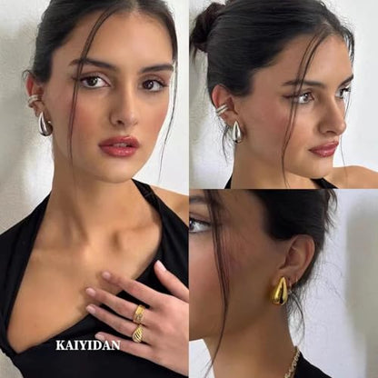 2 Pairs Gold/Silver Hoop Earrings For Women Set Trendy,14K Plated Gold Chunky Huggie Hoop Earings Pack,Oval Twisted Statement Silver Hoops,Fashion Jewelry Gift - color: 9) conch stud