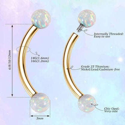G23 Titanium Eyebrow Piercing Jewelry Eyebrow Rings Curved Barbell 16G Eyebrow Belly Button Ring Navel Rings Rook Daith Earrings Lip Ring Eyebrow Jewelry 6mm-12mm - color: 2PCS,Ball Shape White Opal,Gold