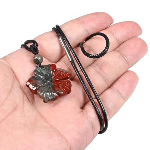 Justinstones Hand Carved Healing Crystals Gemstone Hawaii Flower Pendant Hand Weaving Wax Rope Necklace 22 inch - color: African Bloodstone