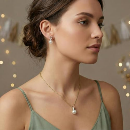 Mariell Pearl Wedding Necklace Earrings Set with CZ Crystal, Jewelry for Brides, Bridesmaid, Mother's Day - color: Gold-Champagne Cubic Zirconia