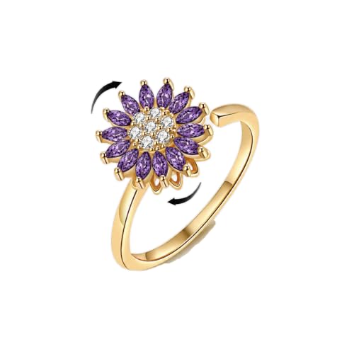 Sunflower Fidget Ring for Women Gold Anxiety Crystal Rings Cubic Zirconia Sunflower Open Adjustable Fidget Ring Spinner Sun Ring for Men Trendy Jewelry - color: Gold Purple