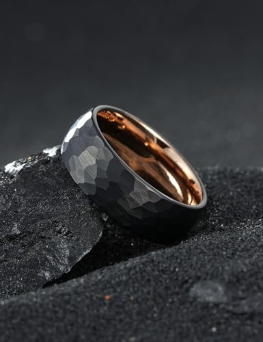 King Will Men's Tungsten Carbide Wedding Ring Hammered Groove Wedding Band Mens Two Tone Engagement Ring for Men and Women Matte Brushed Finish Comfort Fit - color: 8MM Rose Gold-Black