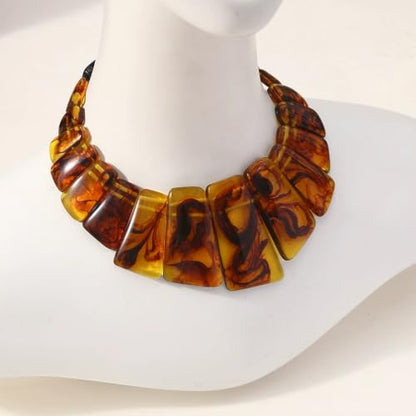 DATOA Chunky Resin Geometric Necklace Earrings Set for Women Boho Modern Statement Necklace Jewelry Accessories - color: Brown
