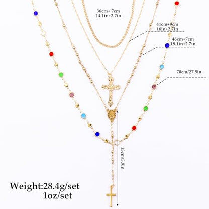 Gold Cross Layered Necklaces for Women,Colorful Crystal Drop Necklace,Gold Cross Pendant Necklace Stack,Fashion Long Tassel Chest Chain Jewelry Layered Rhinestone Neck Chain Accessories - color: Gold-1