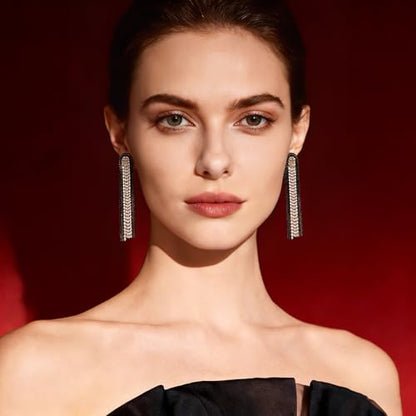 Fringe Dangling Tassel Earrings for Women, Handcrafted Chandelier Long Bohemian Beaded Cubic Zirconia Crystal Imitation Pearls Inlay Statement Boho Chain Hook Earrings for Wedding Party - color: Gold White Clear Crystal