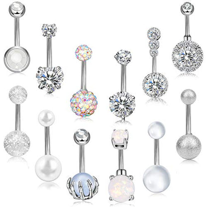 3-12 Pcs 14G Belly Button Rings Belly Rings for Women CZ Opal Navel Rings Belly Piercings Jewelry Belly Barbells Stainless Steel Body Belly Button Piercing Jewelry - color: Silver 12pcs