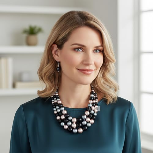 Simulated Pearl Necklace & Earring Set, Multi Strand - color: Black Mix