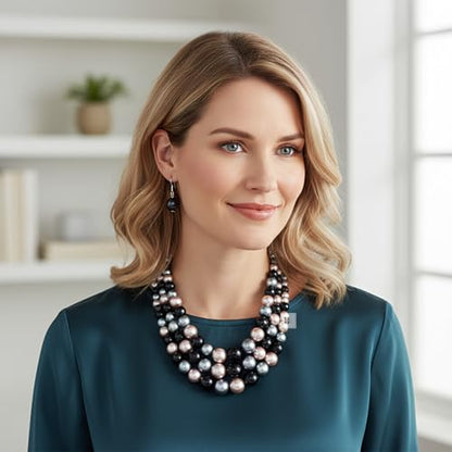 Simulated Pearl Necklace & Earring Set, Multi Strand - color: Black Mix