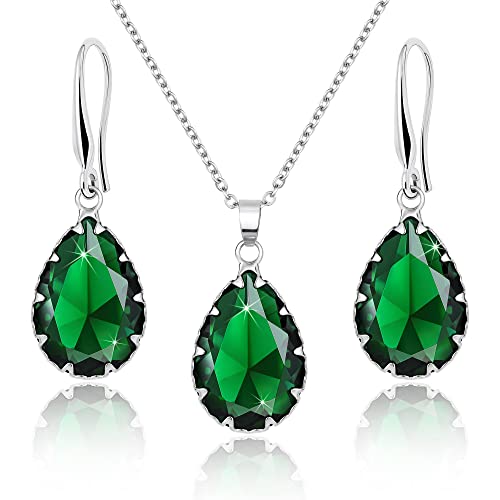 Linawe Crystal Jewelry Sets for Women, Imitation Diamond Pendant Necklace, Rhinestone Drop Dangle Earrings, Birthstone Cubic Zirconia Matching Wedding Jewelry, 14K Gold/Rose Gold/Silver Tones - color: Silver,Emerald,May