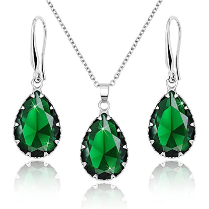 Linawe Crystal Jewelry Sets for Women, Imitation Diamond Pendant Necklace, Rhinestone Drop Dangle Earrings, Birthstone Cubic Zirconia Matching Wedding Jewelry, 14K Gold/Rose Gold/Silver Tones - color: Silver,Emerald,May
