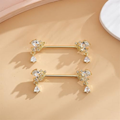 316L Stainless Steel Butterfly Nipple Rings 18K Gold Plated with CZ Butterflies Crystal Dangle Nipple Studs Rings Nipplerings Body Piercing Jewelry for Women - color: Gold