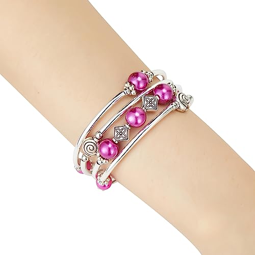 Beaded Pearl Bangle Wrap Bracelet - Fashion Bohemian Jewelry Multilayer Charm Bracelet with Thick Silver Metal Beads, Gift For Women - color: Fuchsia