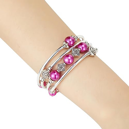 Beaded Pearl Bangle Wrap Bracelet - Fashion Bohemian Jewelry Multilayer Charm Bracelet with Thick Silver Metal Beads, Gift For Women - color: Fuchsia
