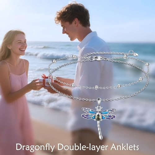 925 Sterling Silver Cat Butterfly Anklets Double Layered Chain for Birthday Women Ankle Bracelet Summer Beach Dainty Jewelry - style: Dragonfly Anket