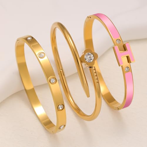 3Pcs Gold Bracelets for Women 14K Gold Plated Love/H/Nail Bangle Bracelet Dainty Non Tarnish Bracelet Jewelry Christmas Mothers Day Gifts for Women - color: 3Pcs Gold/Pink H bracelet