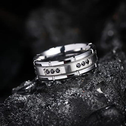 King Will Mens Tungsten Wedding Band with Cubic Zircon Inlay 7mm/8mm Flat Cut Comfort Fit Engagement Rings - color: Silver&Black-8mm