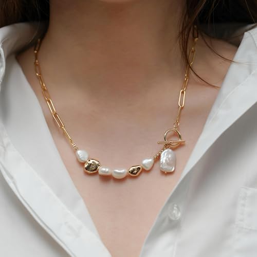 Gold Cuban Chain Necklace Baroque Pearl Necklace 14K Gold Plated Freshwater Pearl Pendant Necklace Daily Jewelly for Women