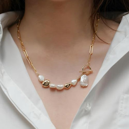 Gold Cuban Chain Necklace Baroque Pearl Necklace 14K Gold Plated Freshwater Pearl Pendant Necklace Daily Jewelly for Women