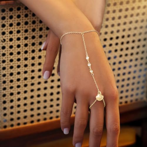 Emibele Gold Bracelets for Women, 18K Gold Plated Hand Chain, Cubic Zirconia Stainless Steel Non Tarnish Hand Chain Bracelet with Finger Ring, Adjustable Trendy Jewelry Valentines Day Gifts for Women - style: Shell Design